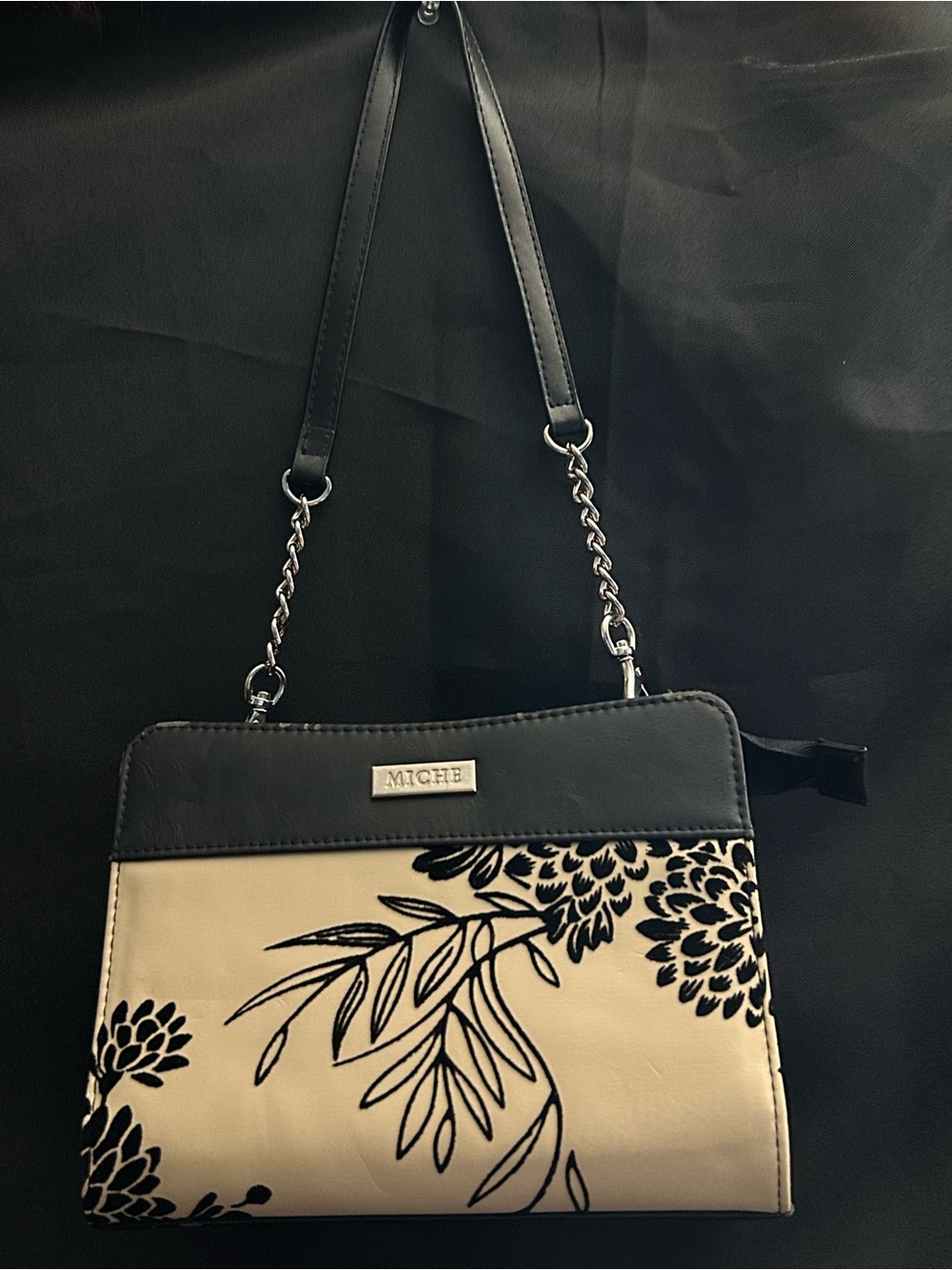 Miche Black & Cream Floral Chain-Handle Crossbody Shoulder Bag With Extra Strap